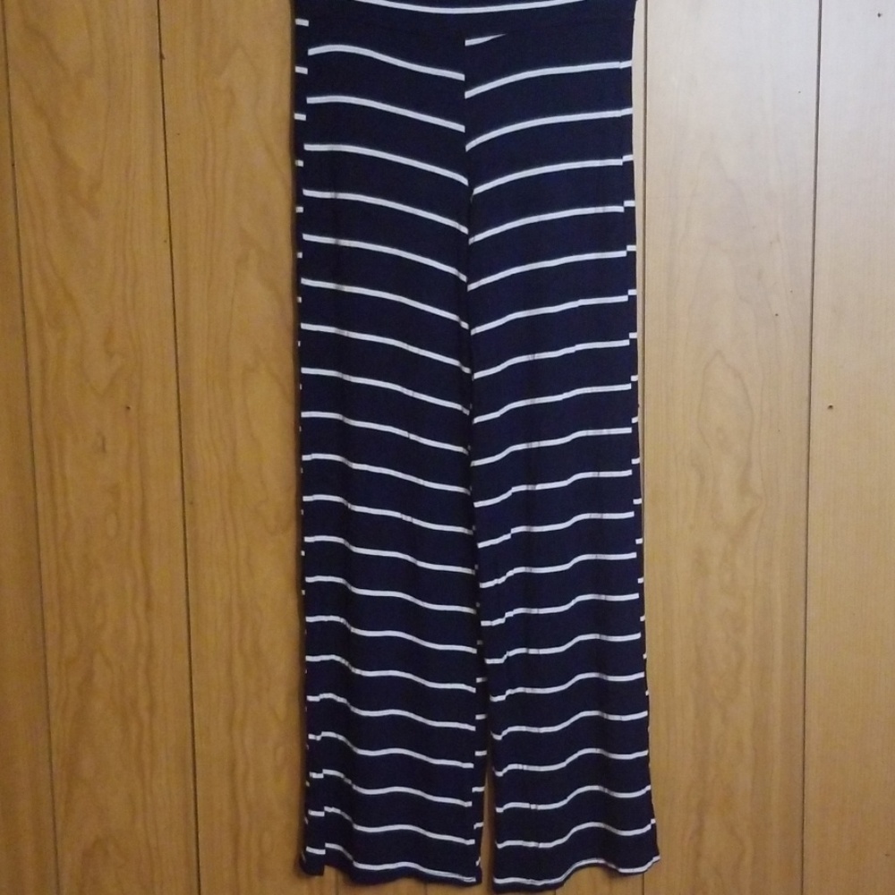 Wide legged navy and white striped pants